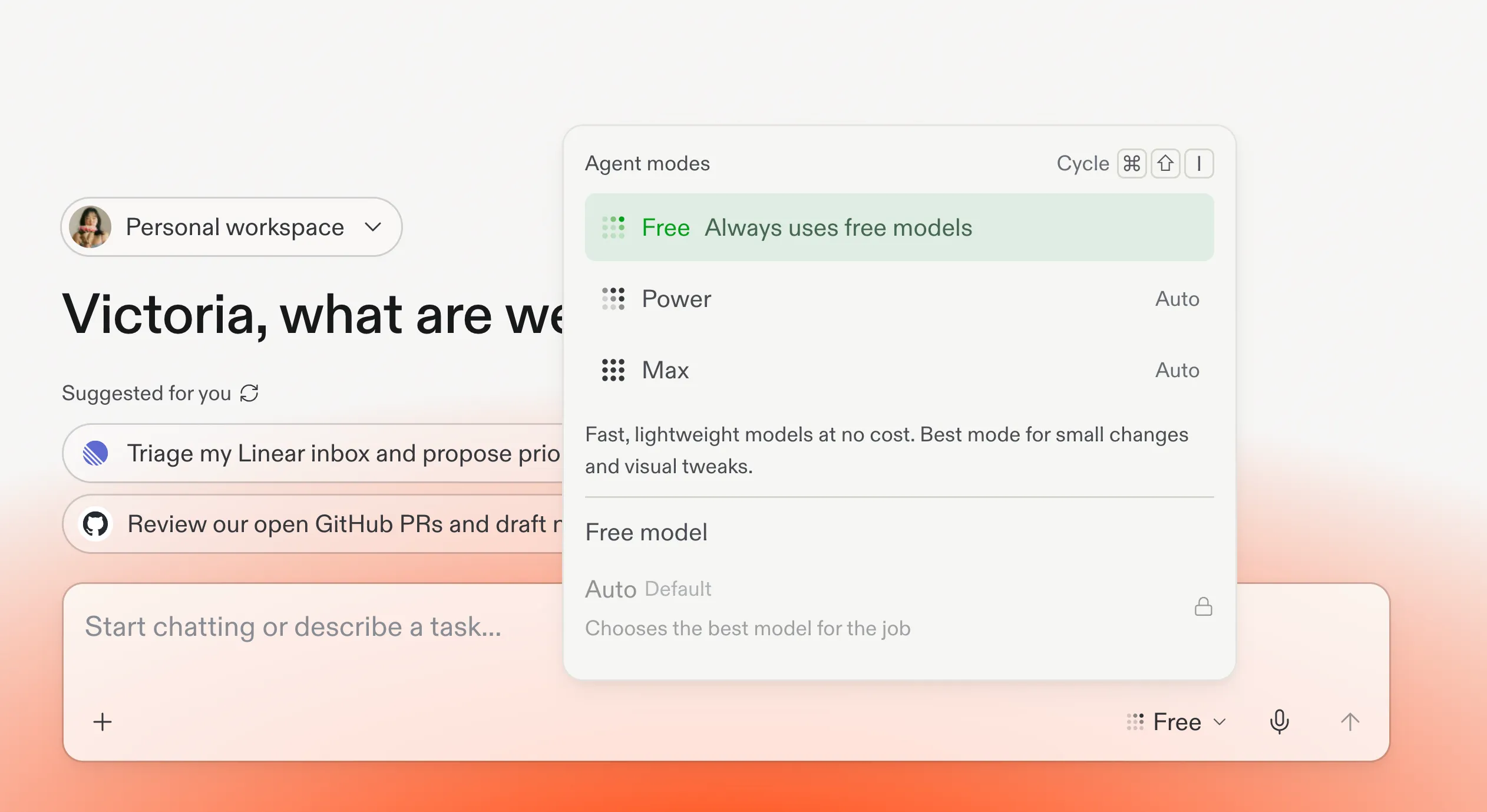 Replit's Agent modes picker showing Free mode highlighted and labeled "Always uses free models," next to Power and Max modes