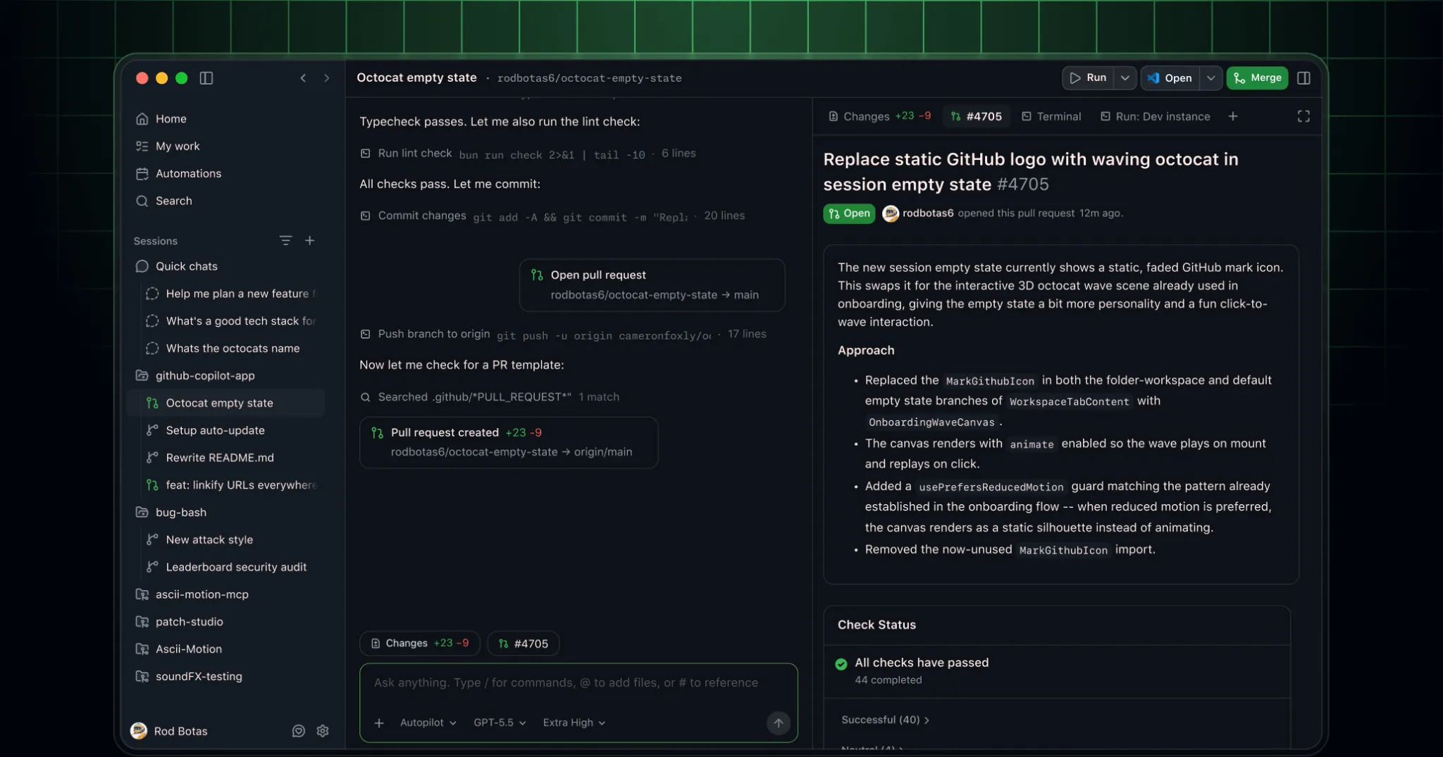 GitHub Copilot app running an agent session on the desktop