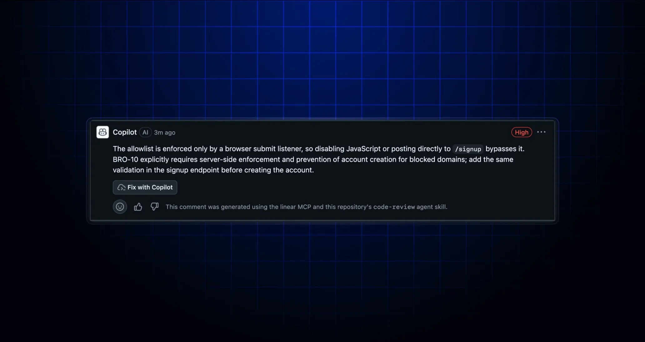 A Copilot code review comment flagging a high-severity bug, with a note at the bottom reading "This comment was generated using the linear MCP and this repository's code-review agent skill"
