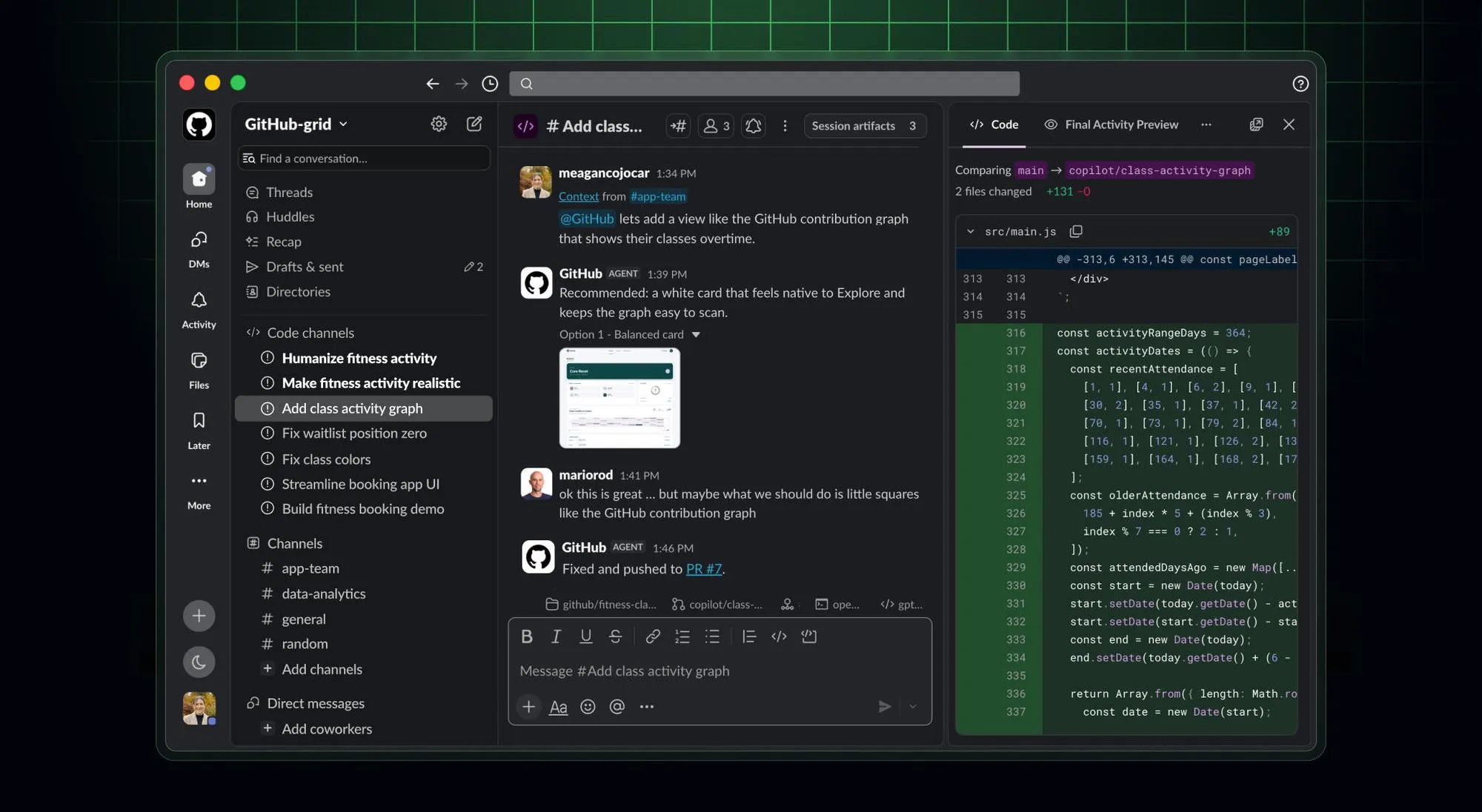 GitHub Copilot working with teammates in a Slack code channel to implement and review a code change