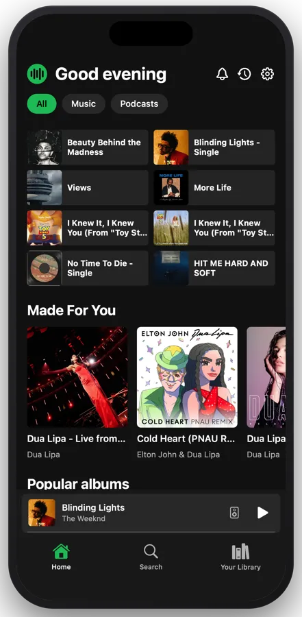 A screenshot of a Dactyl-generated music streaming app template shown on a phone