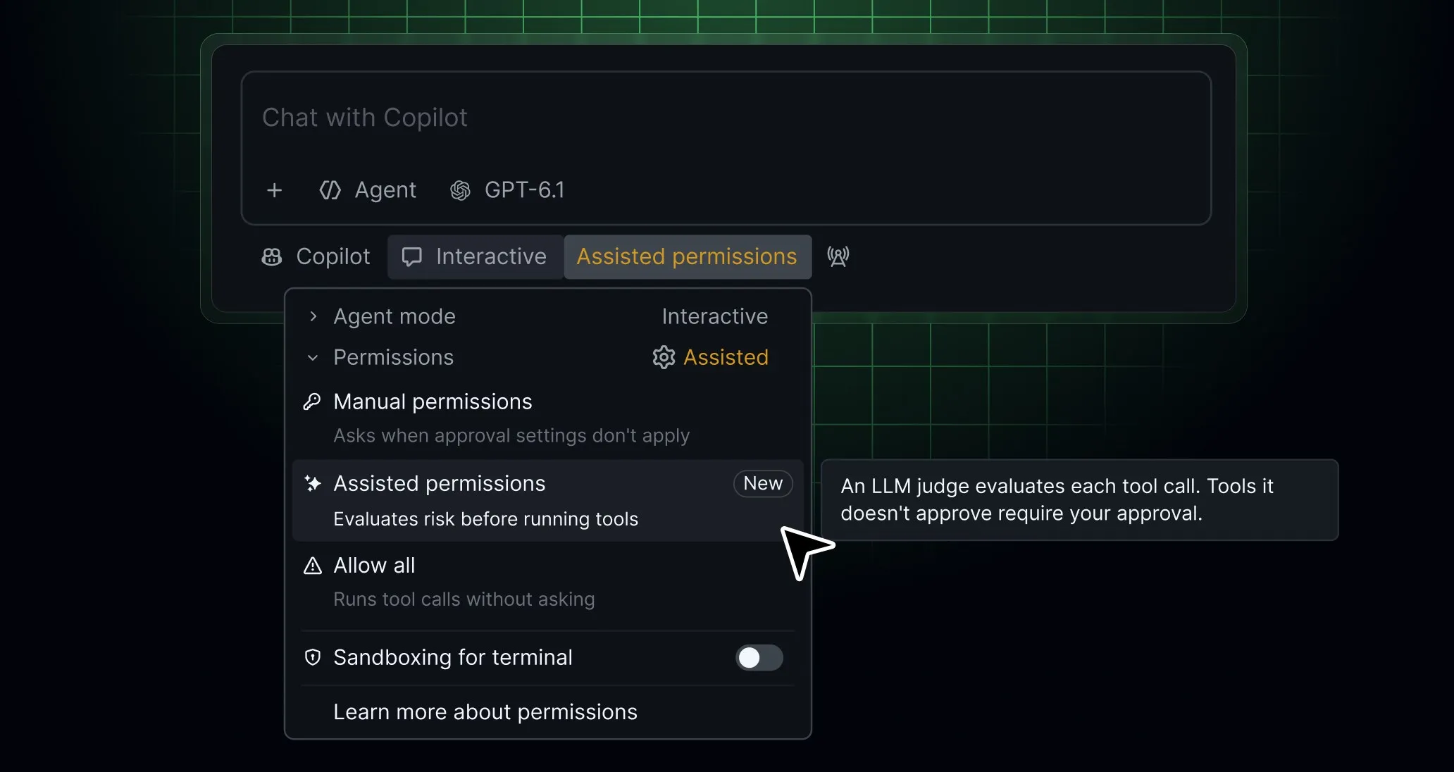 Copilot Chat in VS Code with Assisted permissions selected in the permissions picker, next to the manual and allow-all modes