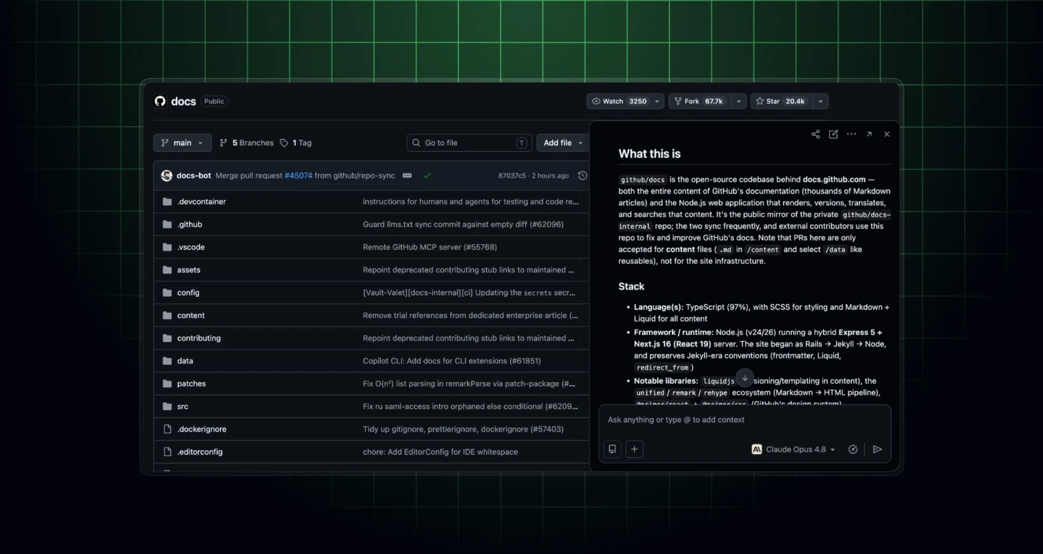 Copilot Chat panel showing a generated overview of a repository, including its purpose, key technologies, and contribution guidelines