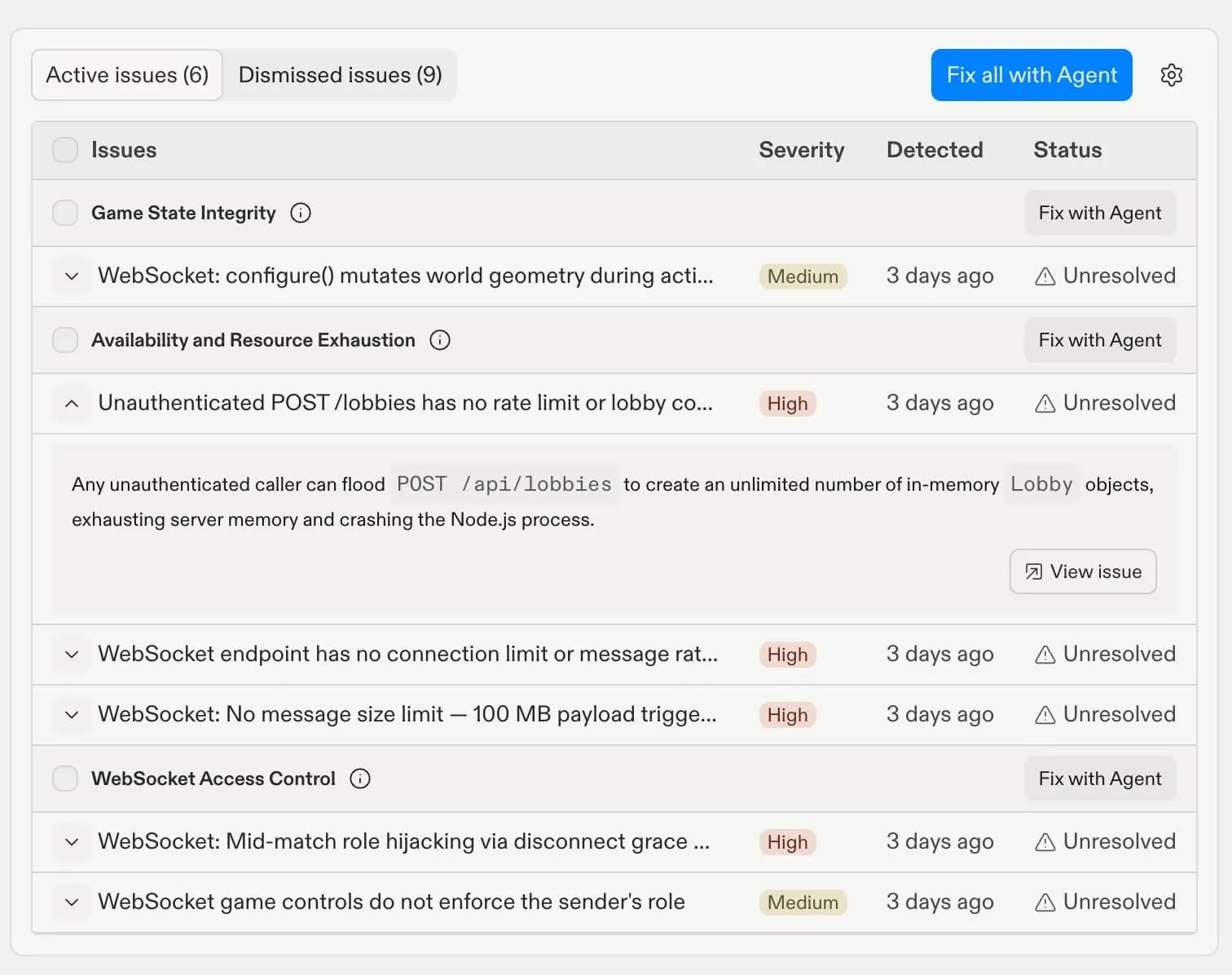 A Replit security scan results panel listing confirmed vulnerability findings from an app scan